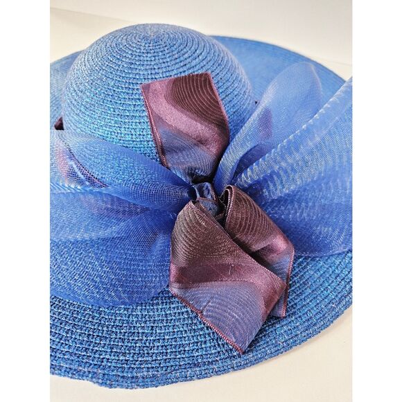 Vintage Georgi Sapphire Blue Straw Raffia Wide Brim Bow Accent Boater Derby Hat main image 5
